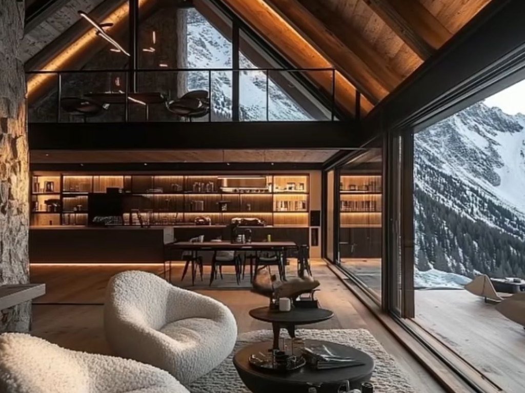 A timber residence living room open to a snow covered mountain slope