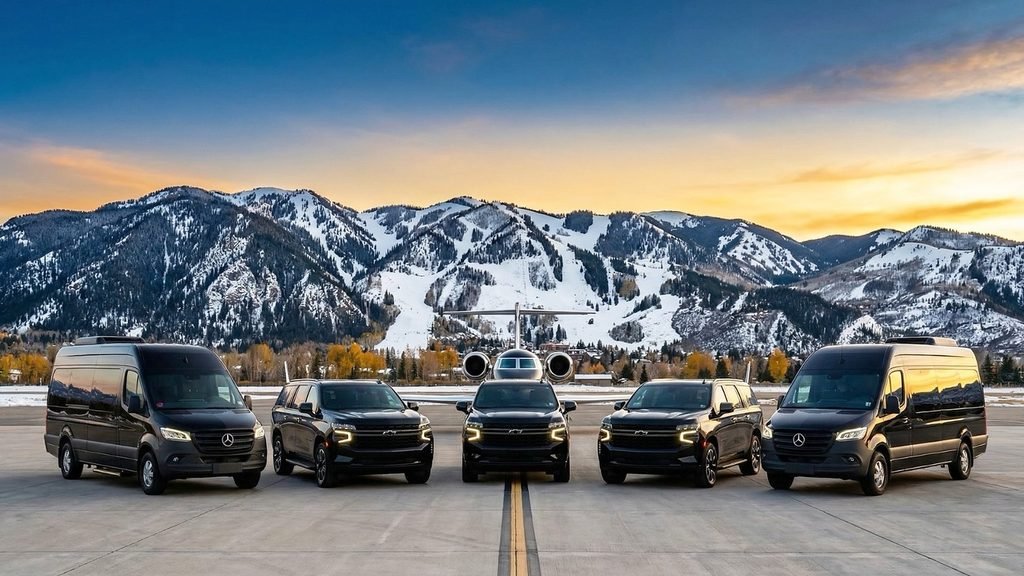 Fleet of black vehicles staged on an airport ramp at sunset